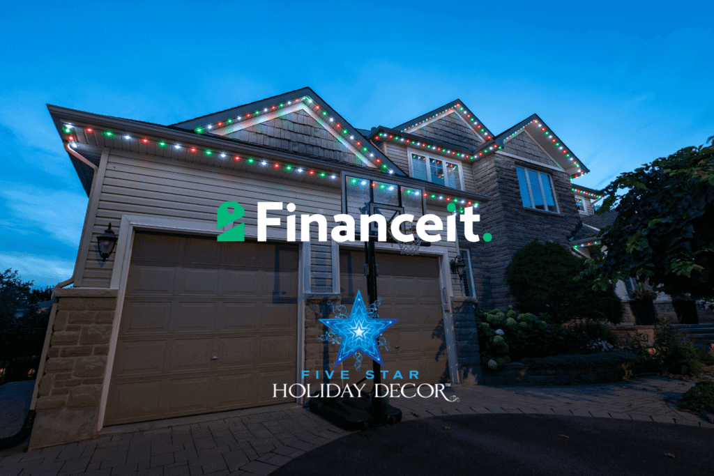 house with permanent christmas lights on it and a financeit logo in front