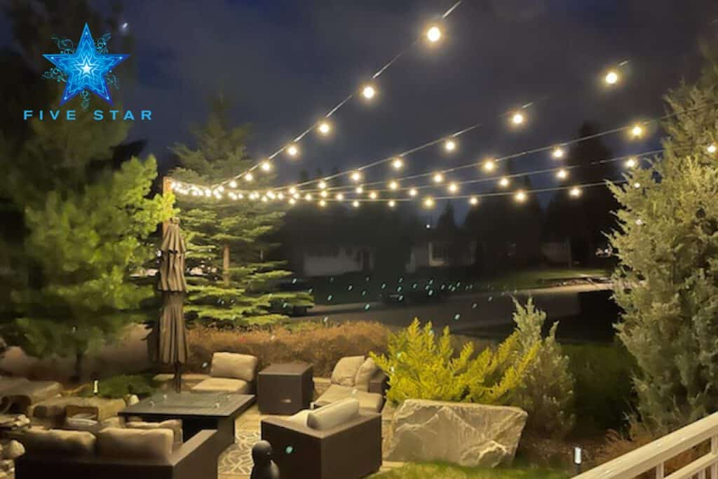 lights hung over outdoor patio furniture from evergreen trees