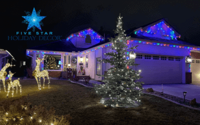 house with Christmas lights and christmas tree with lights