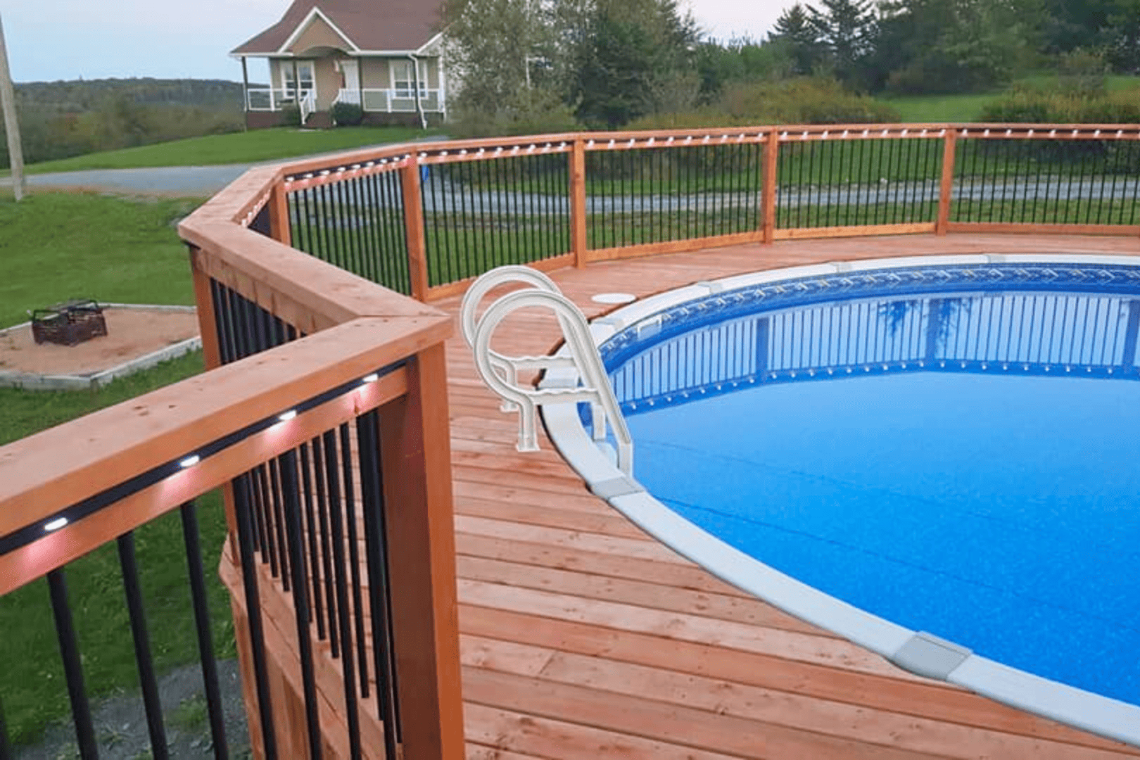 Permanent LED lights installed around an outdoor pool