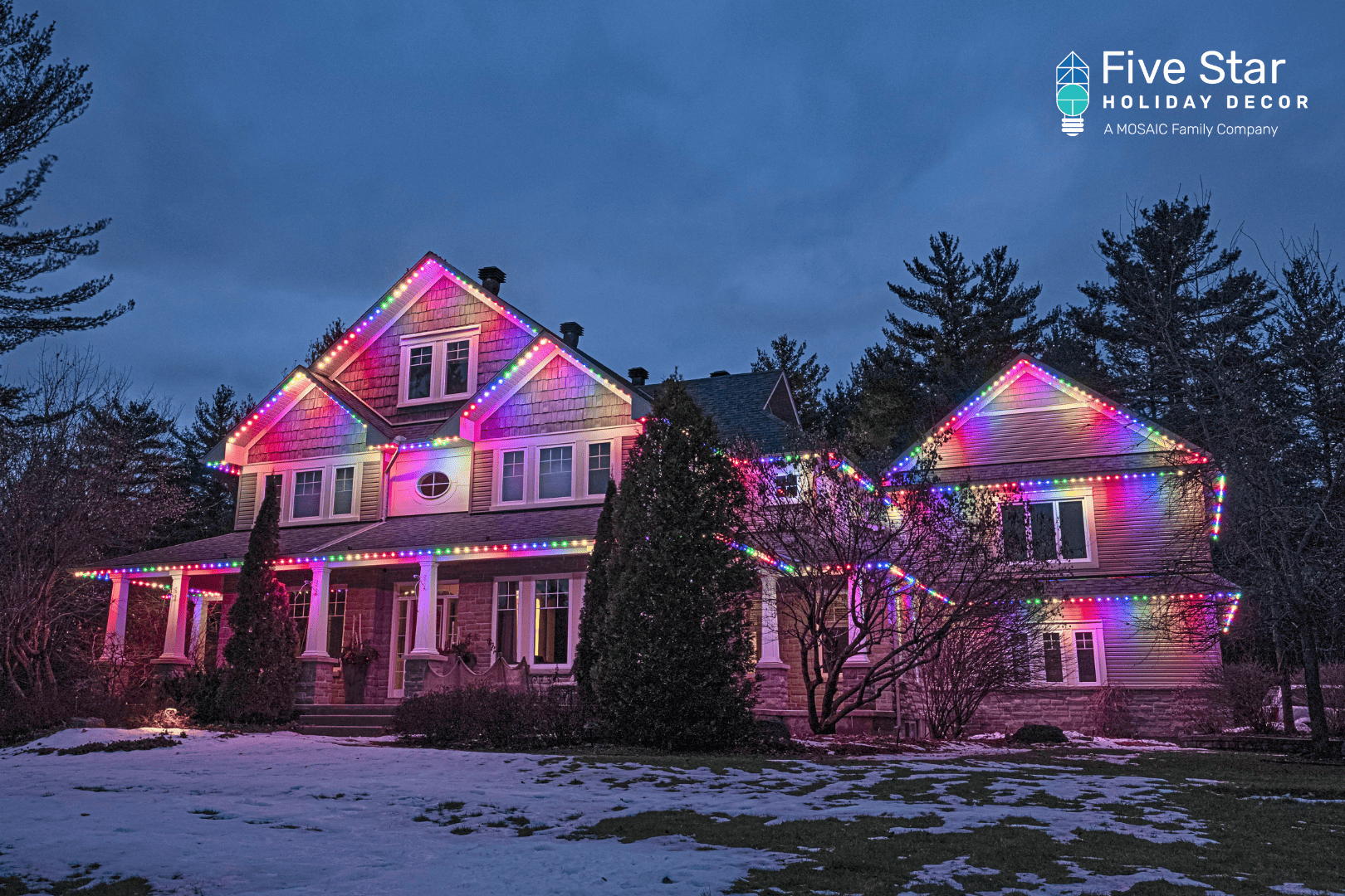 All-season permanent holiday lighting on a residential house